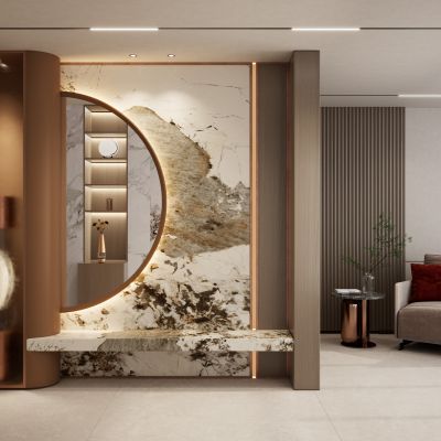 轻奢原木风金属实木造型入户隔断玄关