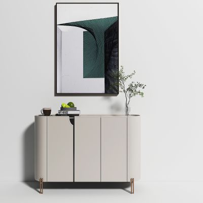 现代备餐柜，画，盆栽，摆件