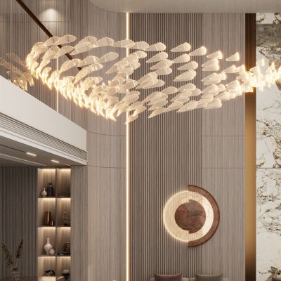 轻奢原木风轻中式复式别墅客厅岩板挑空沙发背景墙