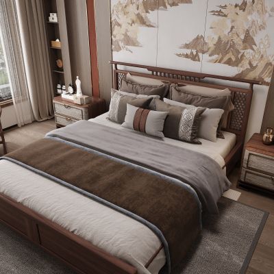 新中式卧室 双人床 主卧 衣柜 挂画 饰品摆件