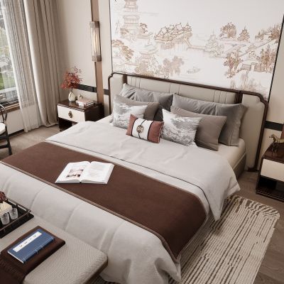 新中式卧室 双人床 主卧 衣柜 挂画 饰品摆件