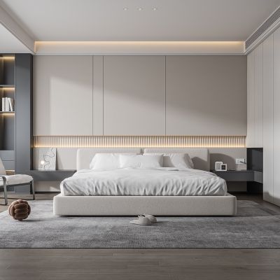 现代卧室 双人床 饰品 休闲椅 床头吊灯 无主灯造形吊顶 衣柜