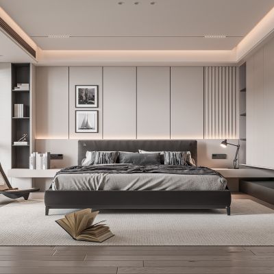 现代卧室 双人床 饰品 休闲椅 床头吊灯 无主灯造形吊顶 衣柜