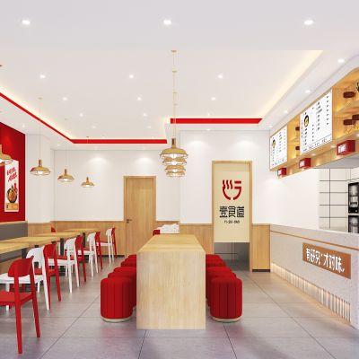 壹食道热干面快餐厅 快餐桌椅组合 卡座桌椅 吊灯