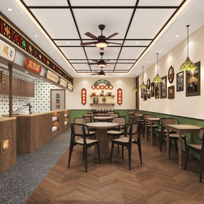 南洋风昌丰祥襄阳牛肉面快餐厅 快餐桌椅 卡座桌椅 吊灯 壁灯 吊扇灯 复古摆件