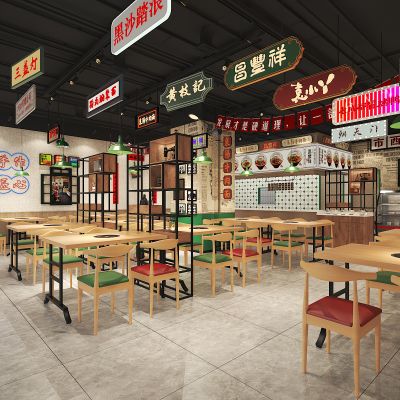港式复古快餐厅 快餐桌椅 吊灯装饰架 复古摆件 冷鲜柜
