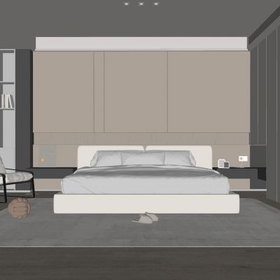 现代卧室 双人床 饰品 休闲椅 床头吊灯 无主灯造形吊顶 衣柜