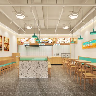 弟二面道快餐厅 快餐桌椅 卡座桌椅 吊灯 调料柜