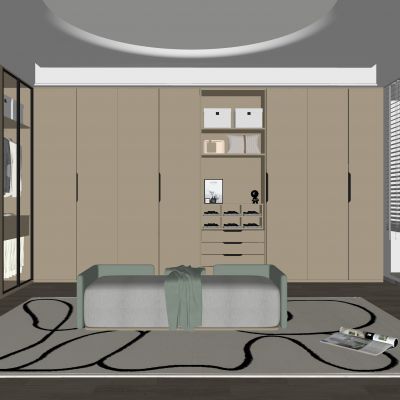 现代衣帽间 奶油风衣帽间 衣柜 衣服 休闲沙发 地毯 玻璃柜门 饰品