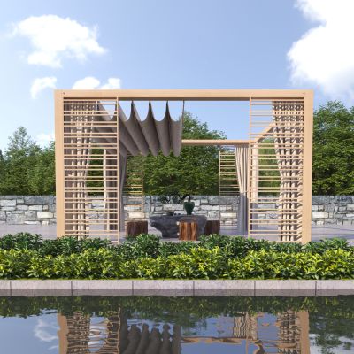 现代户外木质廊架3D模型