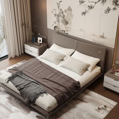 新中式卧室 双人床 床头柜 衣柜 脚踏 饰品摆件 无主灯