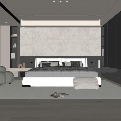 现代卧室 双人床 饰品 休闲椅 床头吊灯 无主灯造形吊顶 衣柜