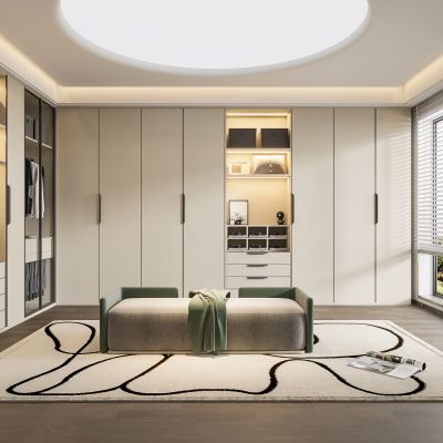 现代衣帽间、奶油风衣帽间、衣柜、衣服,休闲沙发,地毯，玻璃柜门、饰品