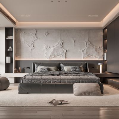 现代卧室 双人床 饰品 休闲椅 床头吊灯 无主灯造形吊顶 衣柜