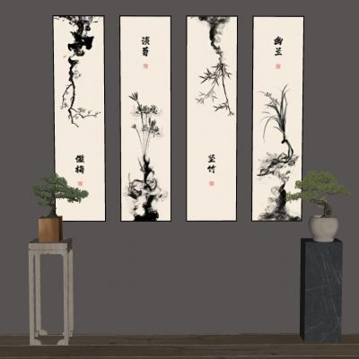 新中式装饰画摆件花瓶摆件画笔圆形装饰画盆栽花架盆景.zip