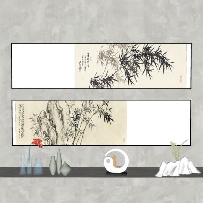 新中式装饰画摆件吧台书桌花瓶摆件画笔茶壶圆形装饰画雕塑摆件中式水墨画