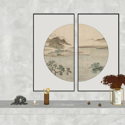 新中式装饰画摆件吧台书桌花瓶摆件画笔茶壶圆形装饰画茶具