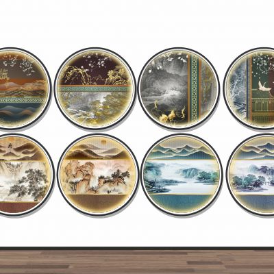 新中式装饰画摆件儿山水装饰画禅意圆形装饰画挂画水墨画山水画