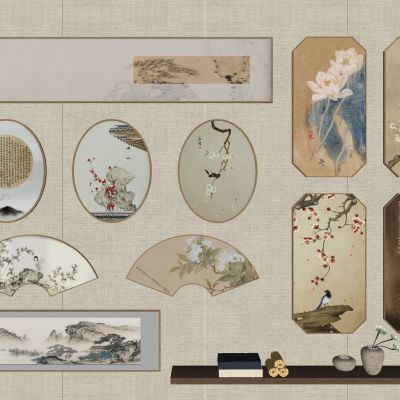 新中式装饰画摆件吧台书桌花瓶摆件圆形装饰画茶具扇形装饰画书画