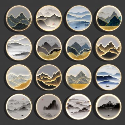 新中式装饰画摆件儿山水装饰画禅意圆形装饰画挂画水墨画山水画灯具挂画