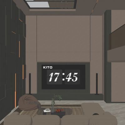 意式奶油风复式别墅客厅几何造型天窗挑空电视背景墙