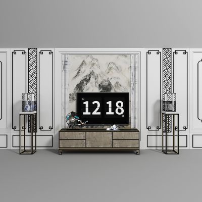 新中式电视背景，电视柜，花几