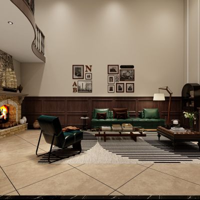 美式复古别墅，复古客厅，别墅客厅