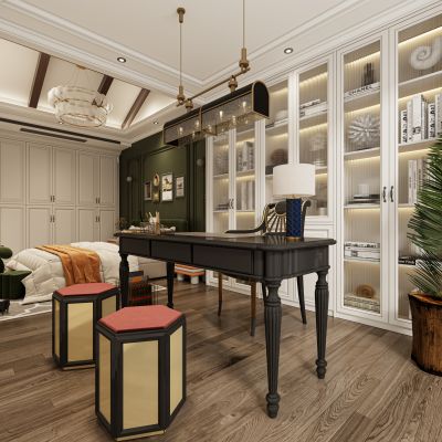 简欧卧室，卧室，书房，书柜，书桌