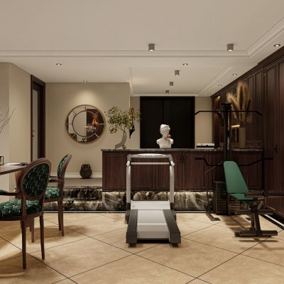 美式复古餐厅，吧台，柜子，健身区，休闲区