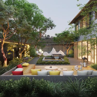 新中式庭院 阳台花园景观