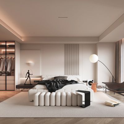 侘寂风格卧室_装饰挂件_摆件_装饰品_床品_书本_挂画_落地灯_壁灯