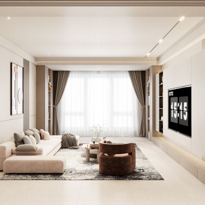 轻奢奶油风无主灯造型电视 沙发背景墙客厅