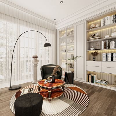 简欧书房，古典书房，书房，书柜，休闲区