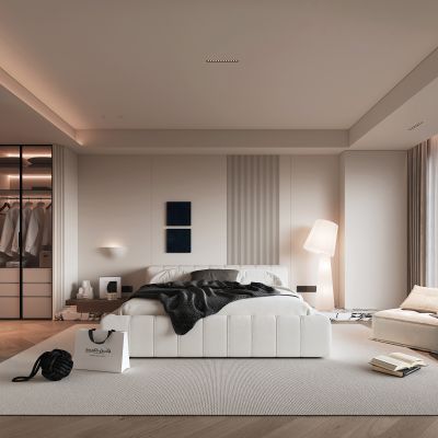 侘寂风格卧室_装饰挂件_摆件_装饰品_床品_书本_挂画_落地灯_壁灯