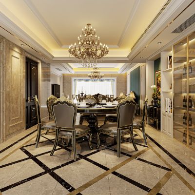 欧式客餐厅，简欧客餐厅，客餐厅，餐桌，酒柜