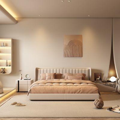 现代皮革双人床 床头柜