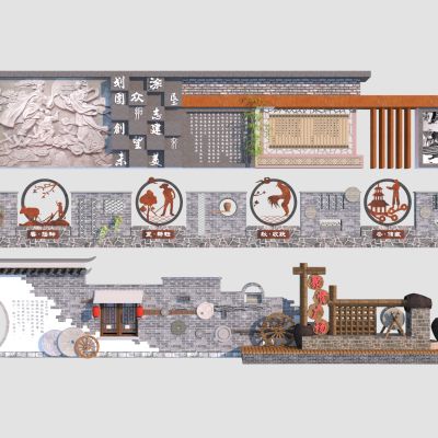 新中式乡村围墙_民俗院墙_石笼院墙_院落景墙3D模型