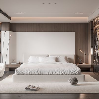 现代卧室 双人床 饰品 休闲椅 床头吊灯 无主灯造形吊顶 衣柜