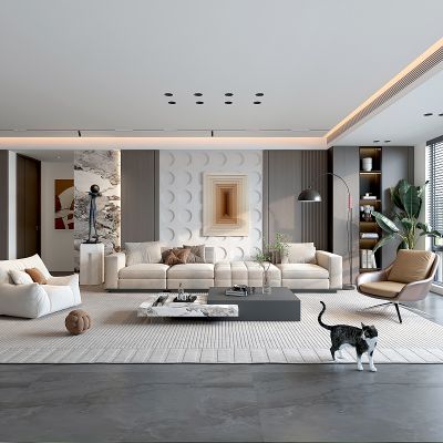现代客厅 沙发组合 装饰品 挂画 落地灯 绿植 摆件 家装3D模型 3D模型