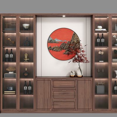 新中式酒柜，备餐柜，画，植物