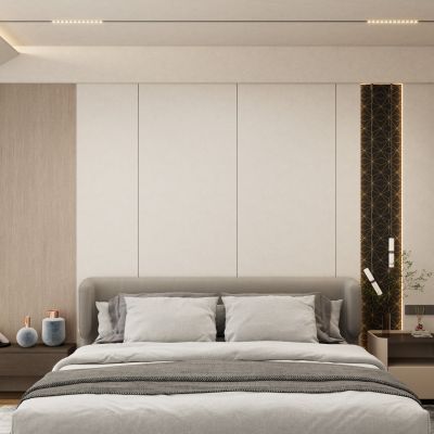 奶油原木风无主灯造型背景墙卧室