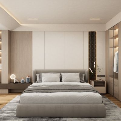 奶油原木风无主灯造型背景墙卧室