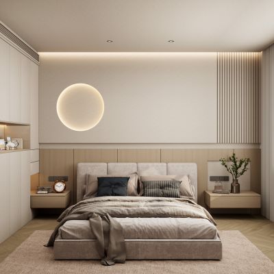 北欧奶油原木风造型背景墙飘窗卧室