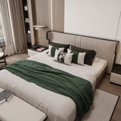 新中式卧室 双人床 床头柜 衣柜 脚踏 饰品摆件 无主灯