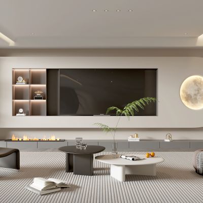 奶油家居客厅 电视背景墙 简约客厅 现代茶几组合 沙发 电视柜 极简客厅