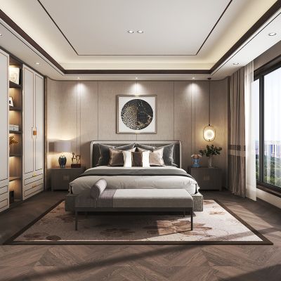 新中式卧室 衣柜 双人床 床头柜