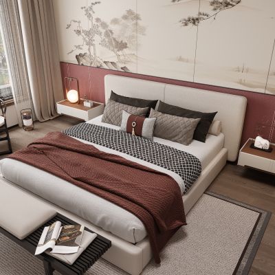 新中式卧室 双人床 床头柜 衣柜 脚踏 饰品摆件 无主灯