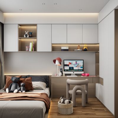 奶油原木风卧室书桌一体柜榻榻米卧室