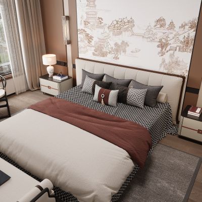 新中式卧室 双人床 床头柜 衣柜 脚踏 饰品摆件 无主灯