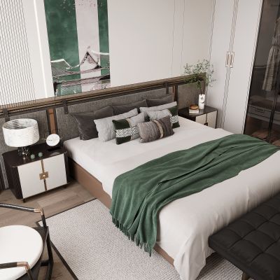 新中式卧室 双人床 床头柜 衣柜 脚踏 饰品摆件 无主灯